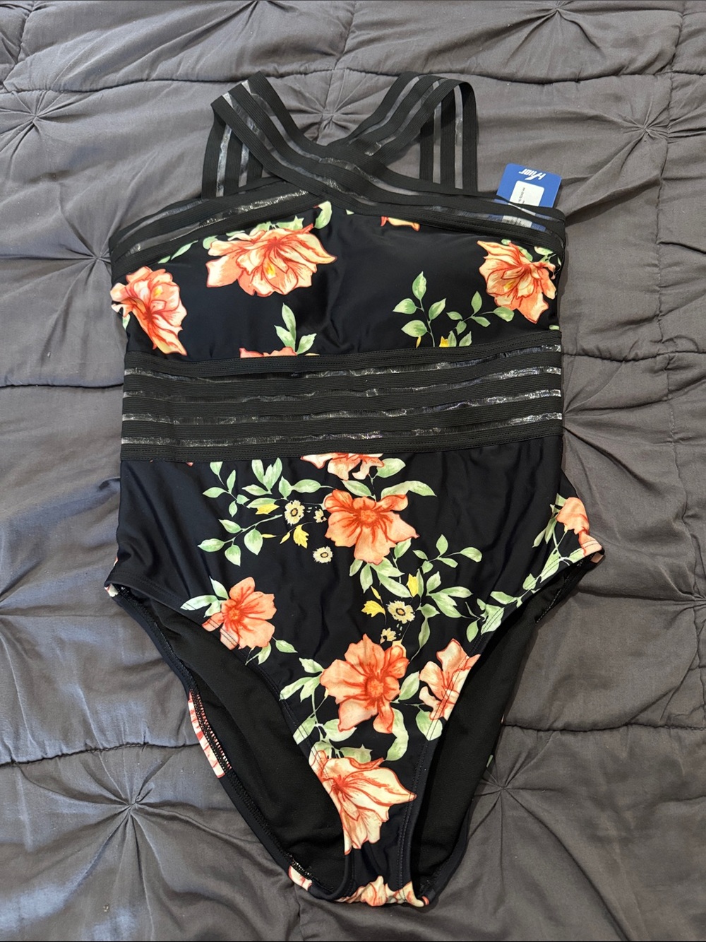 Floral Black One-Piece Swimsuit with Coral Blossoms